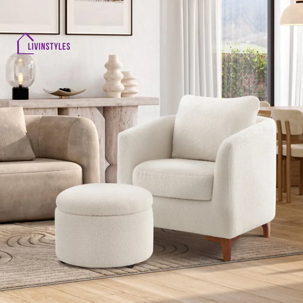 Karvi Solid Wood and Fabric Arm Chair | Living Room Chair | Lounge Chair + Ottoman