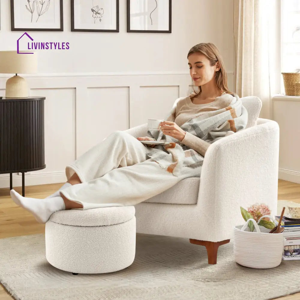 Karvi Solid Wood and Fabric Arm Chair | Living Room Chair | Lounge Chair + Ottoman