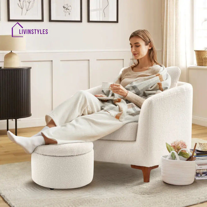 Karvi Solid Wood and Fabric Arm Chair | Living Room Chair | Lounge Chair + Ottoman
