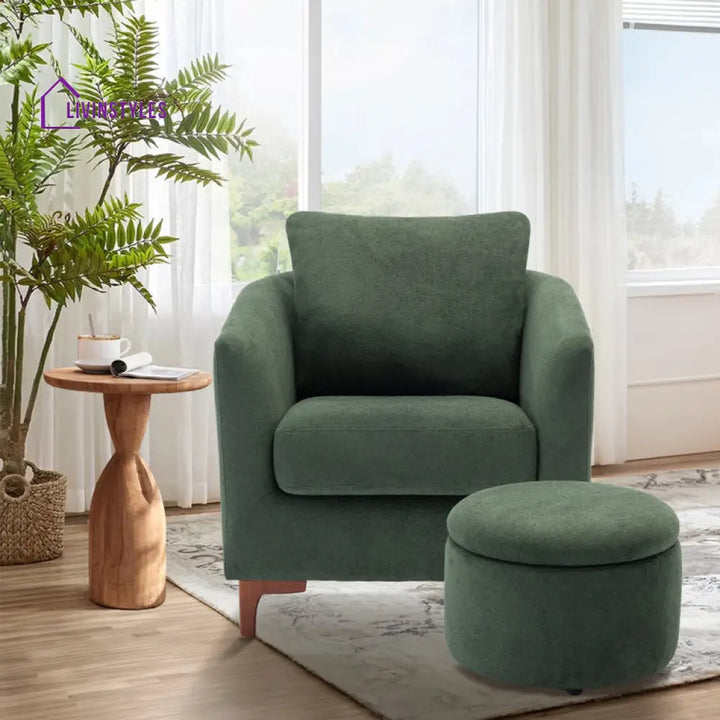 Karvi Solid Wood and Fabric Arm Chair | Living Room Chair | Lounge Chair + Ottoman