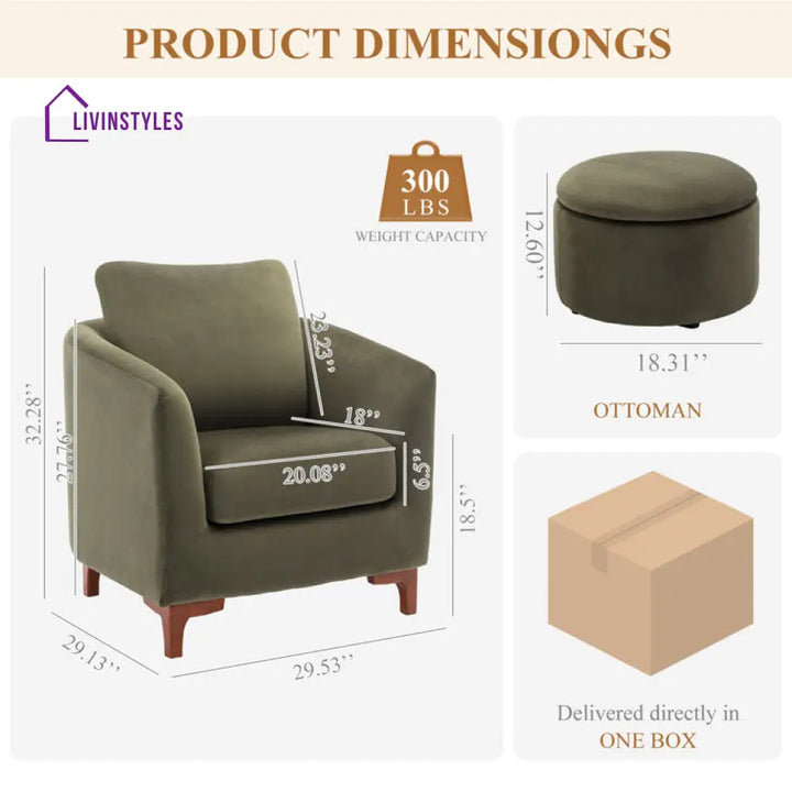 Karvi Solid Wood and Fabric Arm Chair | Living Room Chair | Lounge Chair + Ottoman