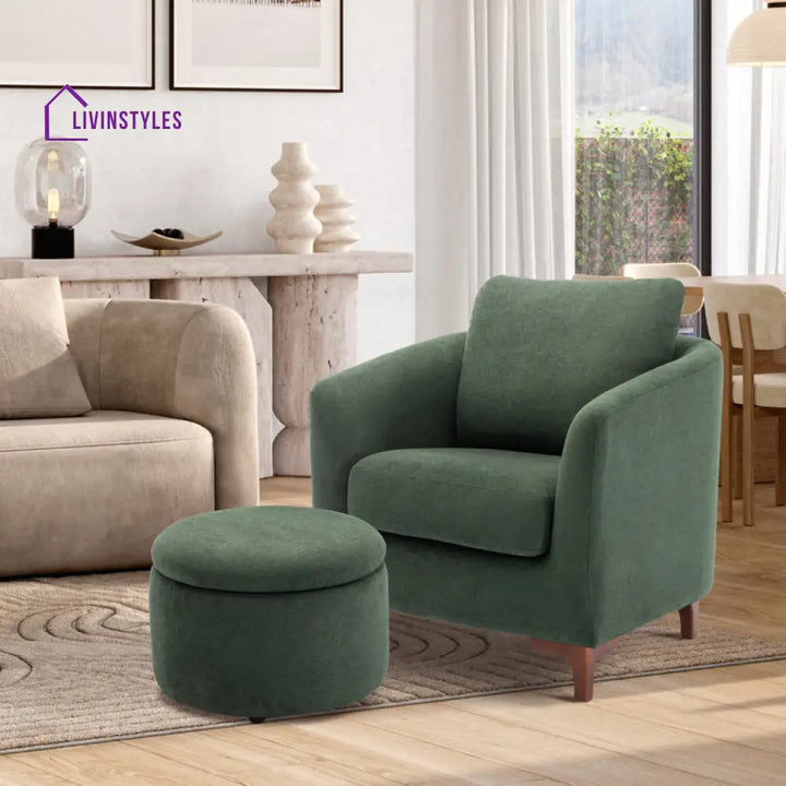 Karvi Solid Wood and Fabric Arm Chair | Living Room Chair | Lounge Chair + Ottoman