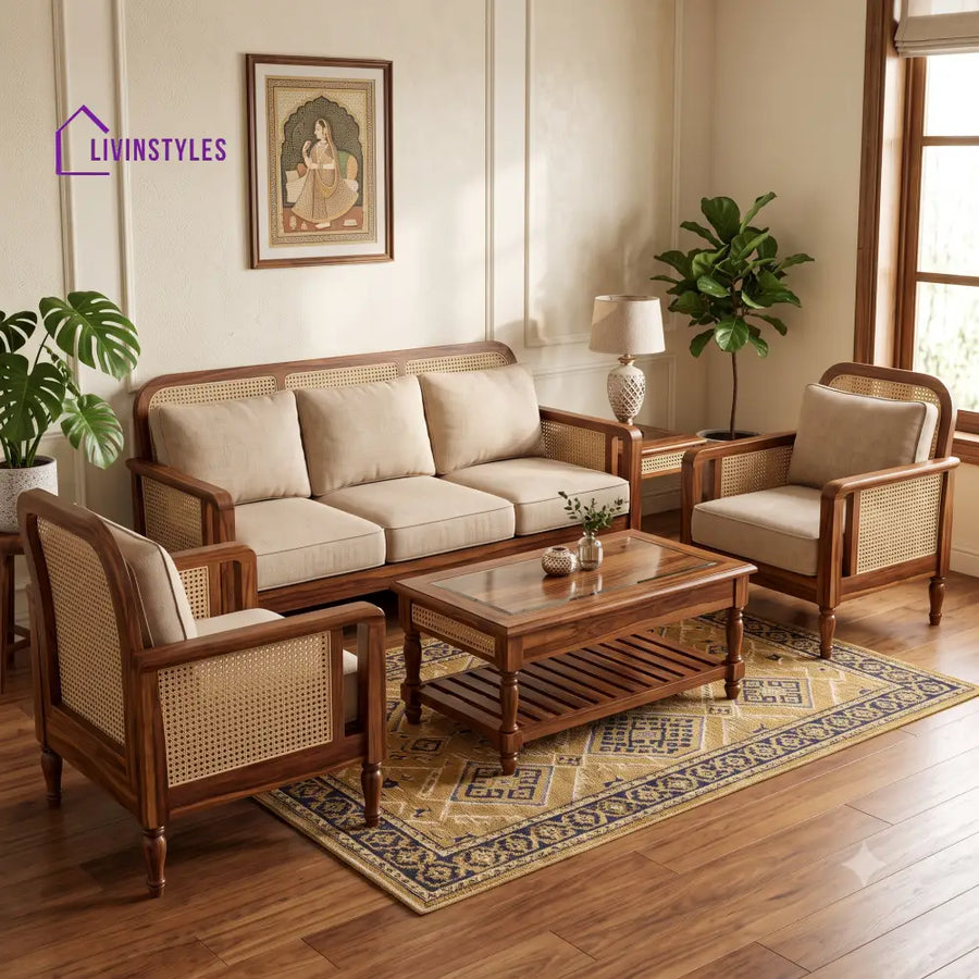 Kavinaya Wooden Sofa Set | 3 + 1 + 1 Sheesham Wood Sofa Set for Living Room