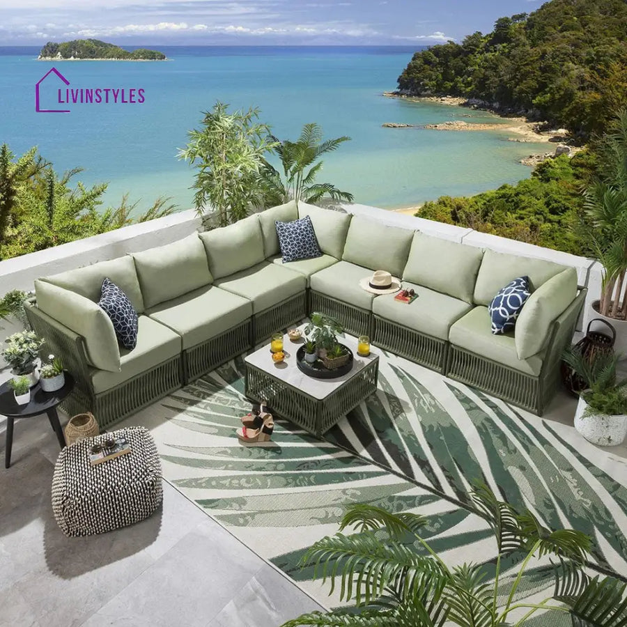 Kavita Outdoor Sofa Set 7 Seater 1 Center Table (Green) Braided & Rope