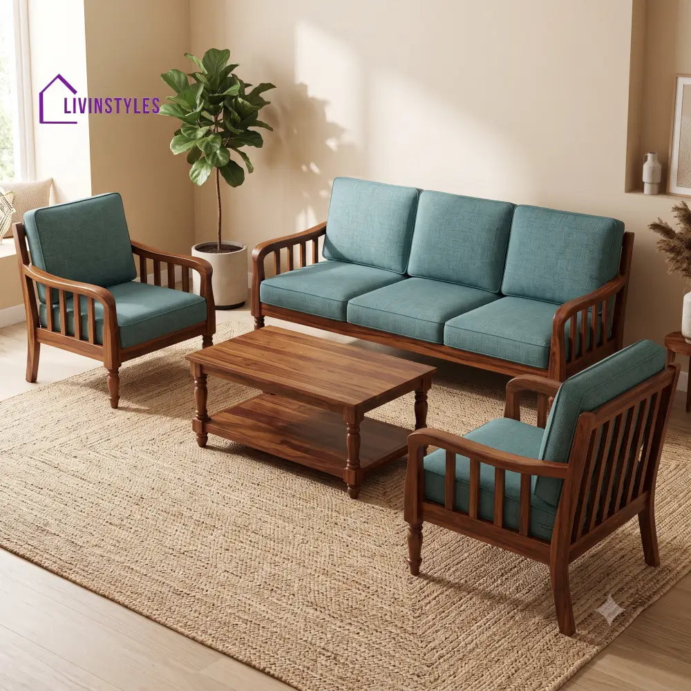Kayalvizhi Wooden Sofa Set | 3 + 1 + 1 Sheesham Wood Sofa Set for Living Room