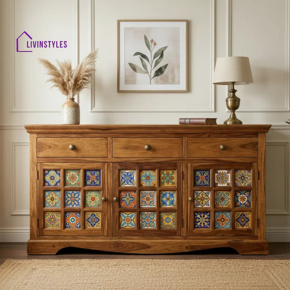 Kayla Boho Sheesham Wood Storage Cabinet Sideboard With Three Drawers (Honey Finish)