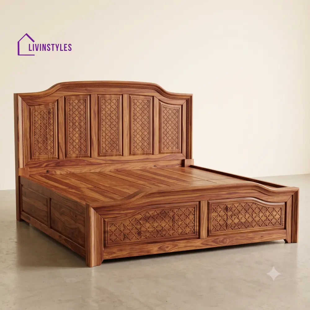 Keerthika Sri Sheesham Wood Bed With Box Storage | Wooden Bed