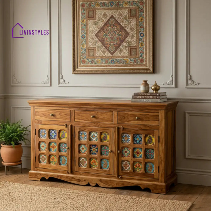 Keira Boho Sheesham Wood Storage Cabinet Sideboard With Three Drawers (Honey Finish)