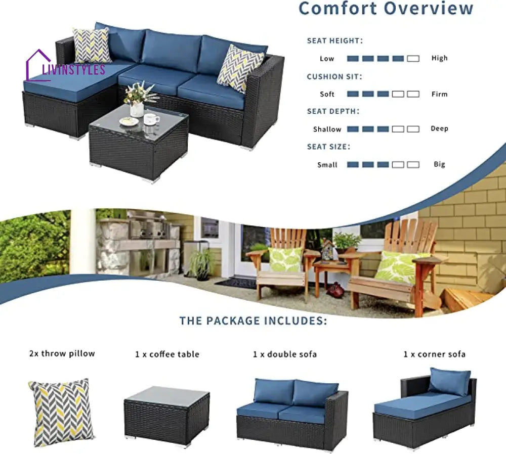 Kelo Outdoor Patio Sofa Set 3 Seater 1 ottoman and 1 Center Table Set (Black + Navy Blue) - Sofa Sets