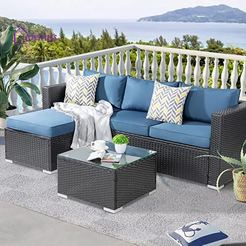 Kelo Outdoor Patio Sofa Set 3 Seater 1 ottoman and 1 Center Table Set (Black + Navy Blue) - Sofa Sets