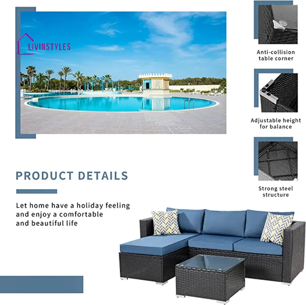 Kelo Outdoor Patio Sofa Set 3 Seater 1 ottoman and 1 Center Table Set (Black + Navy Blue) - Sofa Sets
