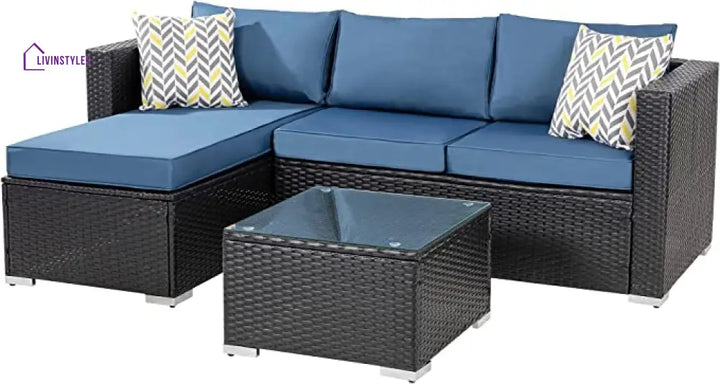 Kelo Outdoor Patio Sofa Set 3 Seater 1 ottoman and 1 Center Table Set (Black + Navy Blue) - Sofa Sets