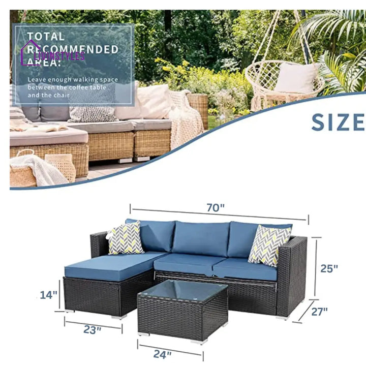 Kelo Outdoor Patio Sofa Set 3 Seater 1 ottoman and 1 Center Table Set (Black + Navy Blue) - Sofa Sets