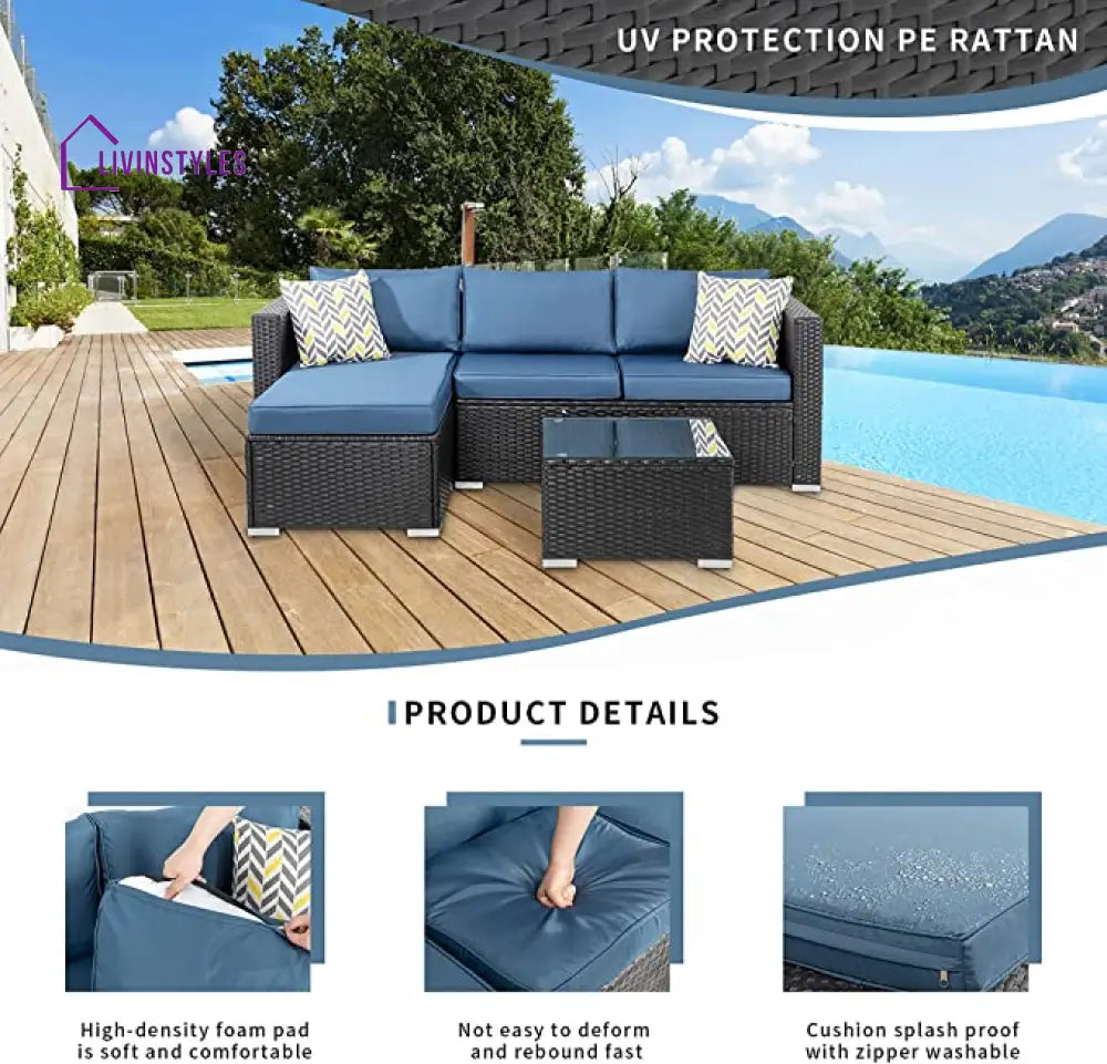 Kelo Outdoor Patio Sofa Set 3 Seater 1 ottoman and 1 Center Table Set (Black + Navy Blue) - Sofa Sets