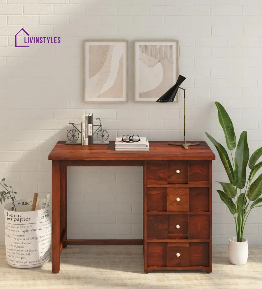Kelty Sheesham Wood Writing Table In Honey Oak Finish With Drawers