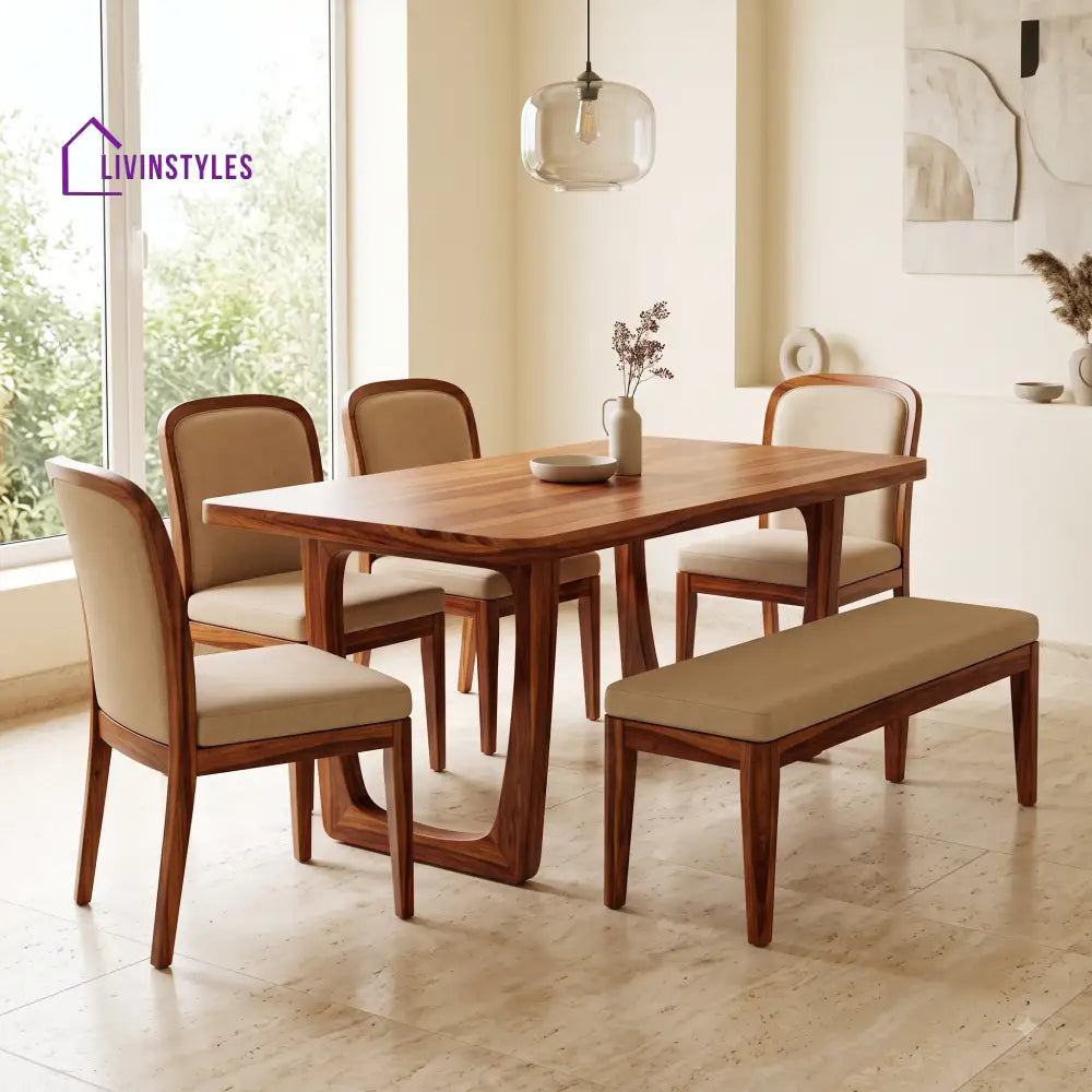 Kemi Wooden 6 Seater Dining Table Set | 4 Chairs and 1 Bench | Table 72 X 36 X 30 Inch