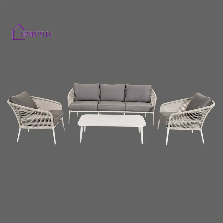 Kemp Outdoor Garden Balcony Sofa Set 3 Seater 2 Single seater and 1 Center Table Set (White + Light Grey) - Sofa Sets