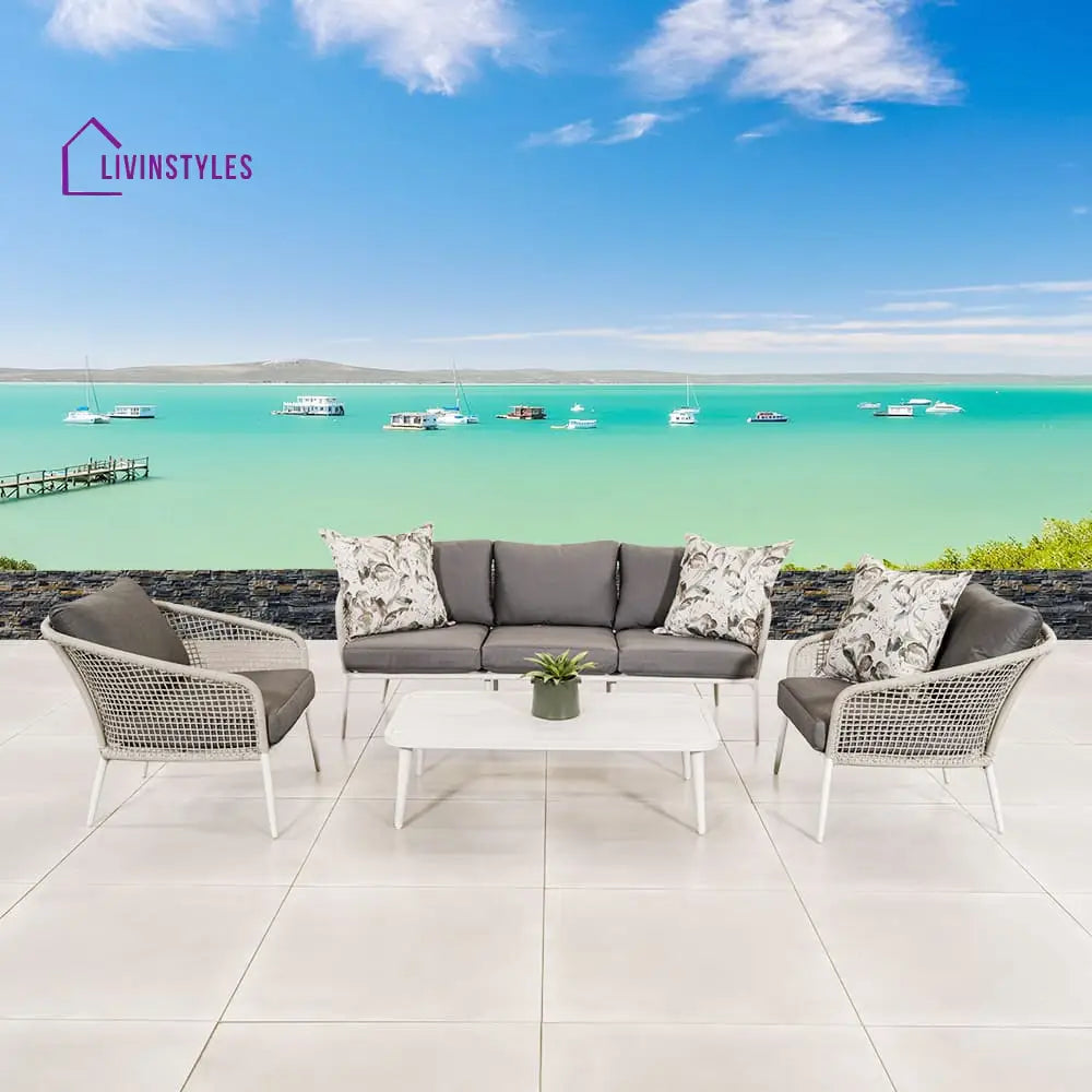 Kemp Outdoor Garden Balcony Sofa Set 3 Seater 2 Single seater and 1 Center Table Set (White + Light Grey) - Sofa Sets