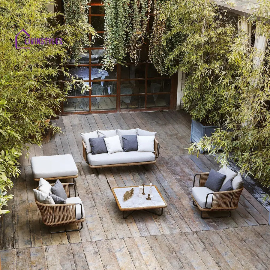 Kenly Outdoor Sofa Set 2 Seater 2 Single seater and 1 Center Table with ottoman (Tan) Braided & Rope - Sofa Sets
