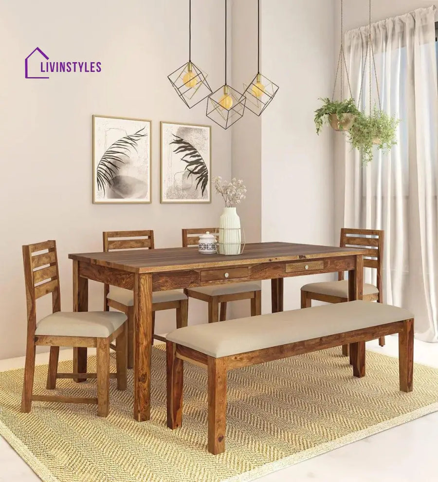 Kentan Sheesham Wood 6 Seater Dining Set In Rustic Teak With Bench,