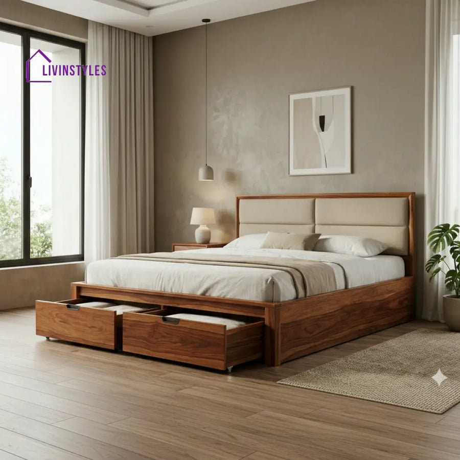 Kiara Premium Sheesham Wood Bed with Fabric Headboard