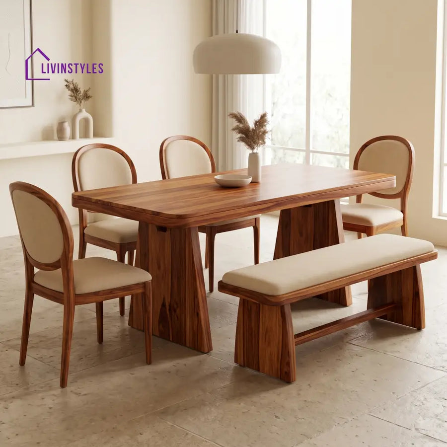 Kikelomo Wooden 6 Seater Dining Table Set | 4 Chairs and 1 Bench | Table 72 X 36 X 30 Inch