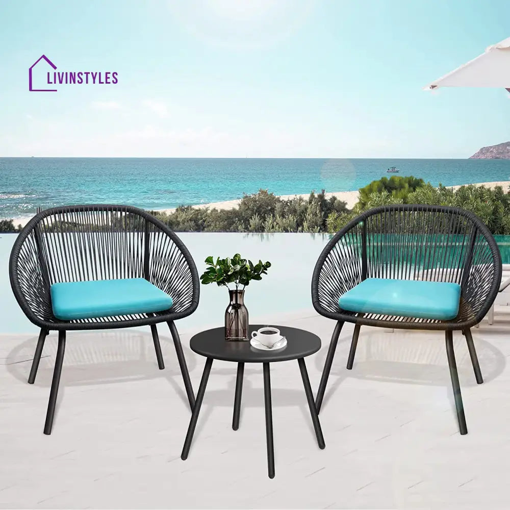 Kiku Outdoor Patio Seating Set 2 Chairs and 1 Table Set (Black + Blue) - Coffee Table Sets