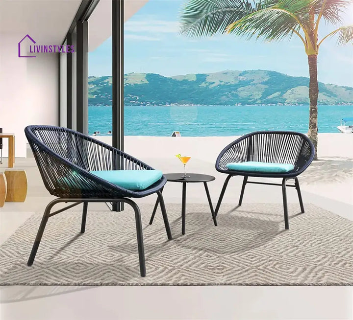 Kiku Outdoor Patio Seating Set 2 Chairs and 1 Table Set (Black + Blue) - Coffee Table Sets