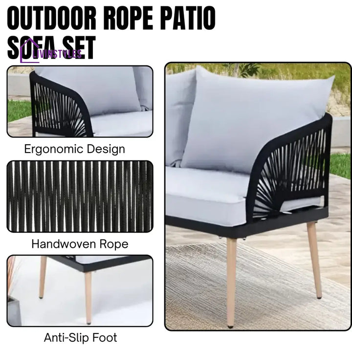 Kinsley L-Shape 5 Seater Outdoor Patio Rope Conversation Set with Table - Sofa Set