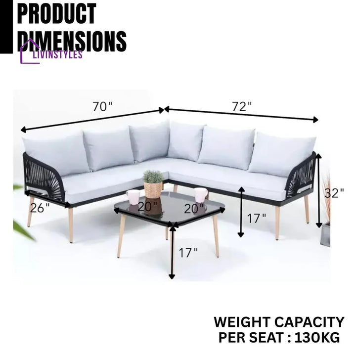 Kinsley L-Shape 5 Seater Outdoor Patio Rope Conversation Set with Table - Sofa Set