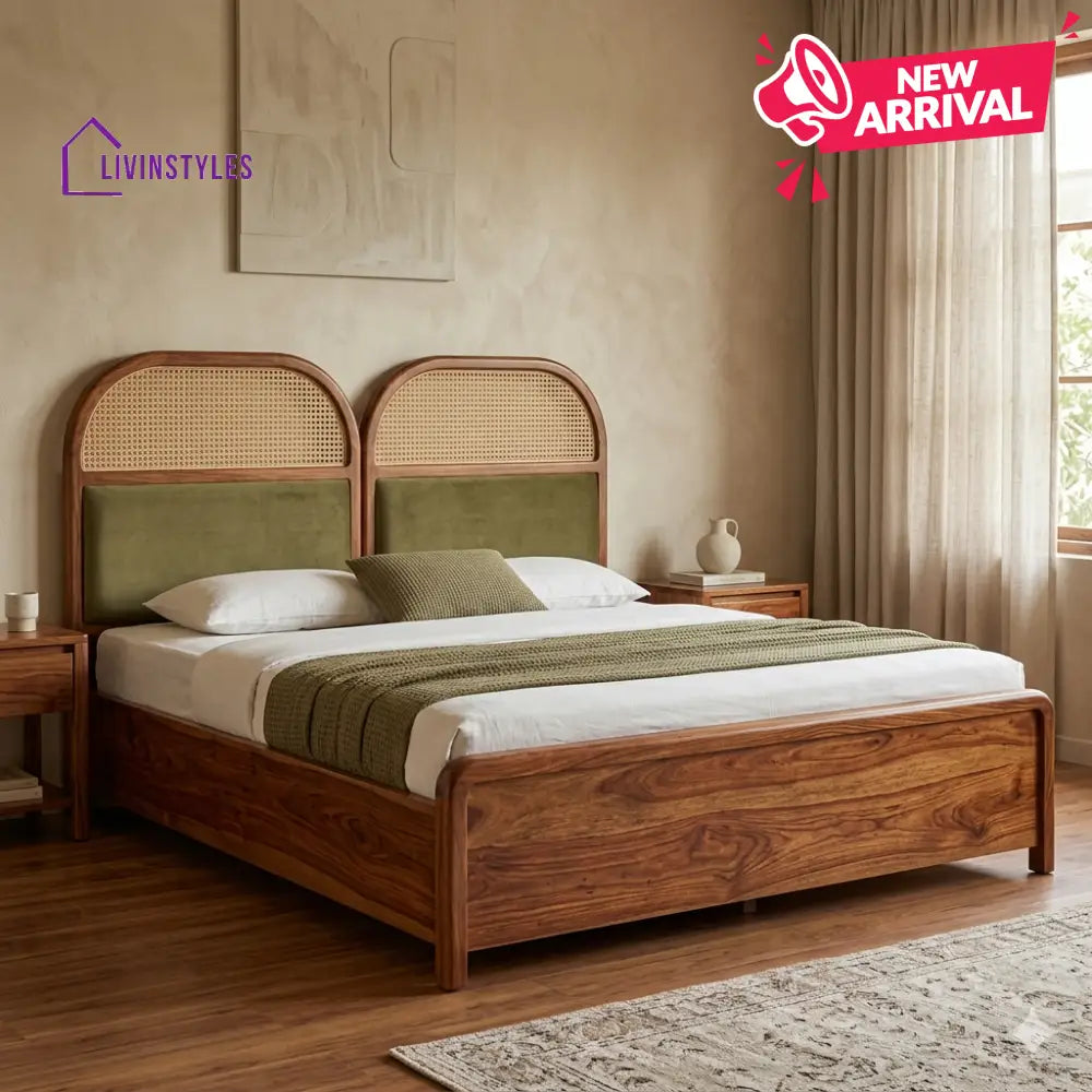 Kirill Premium Sheesham Wood Bed with Velvet Headboard