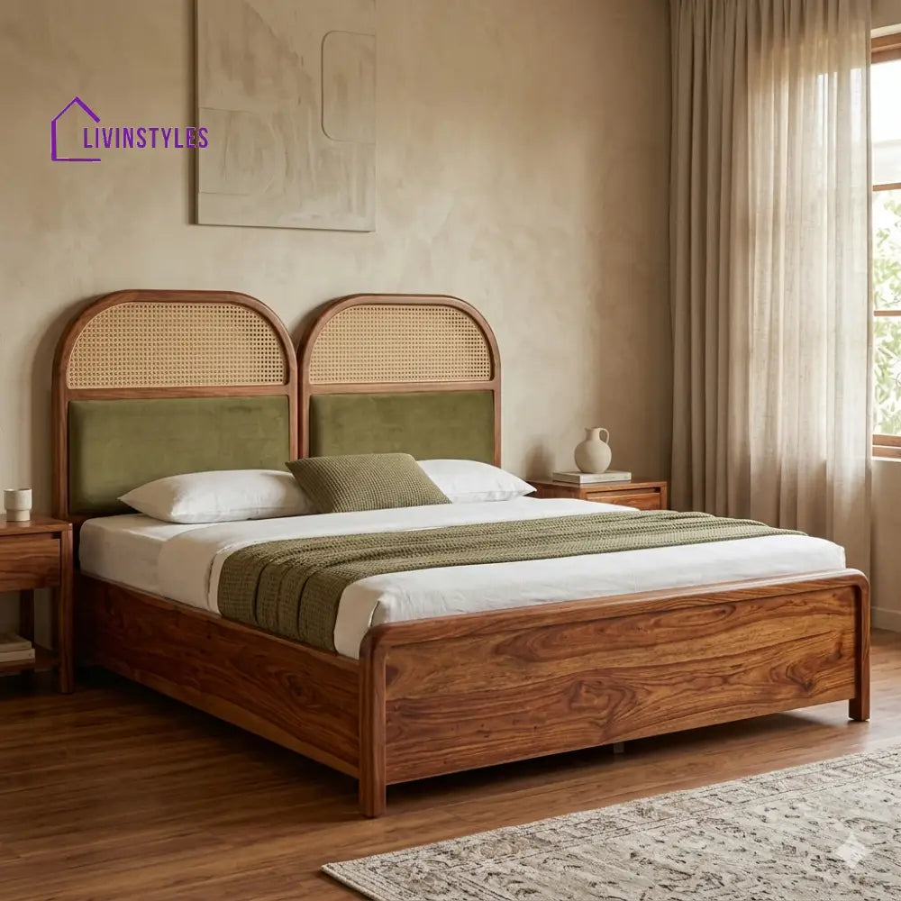 Kirill Premium Sheesham Wood Bed with Velvet Headboard