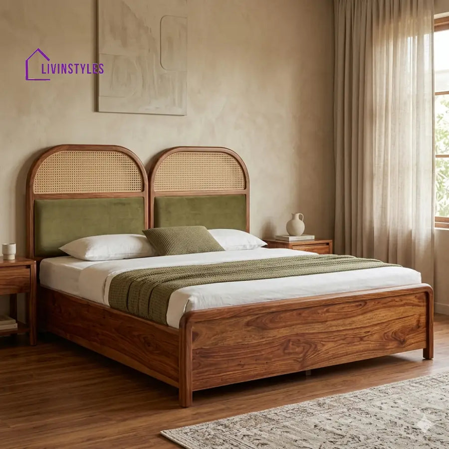 Kirill Premium Sheesham Wood Bed with Velvet Headboard