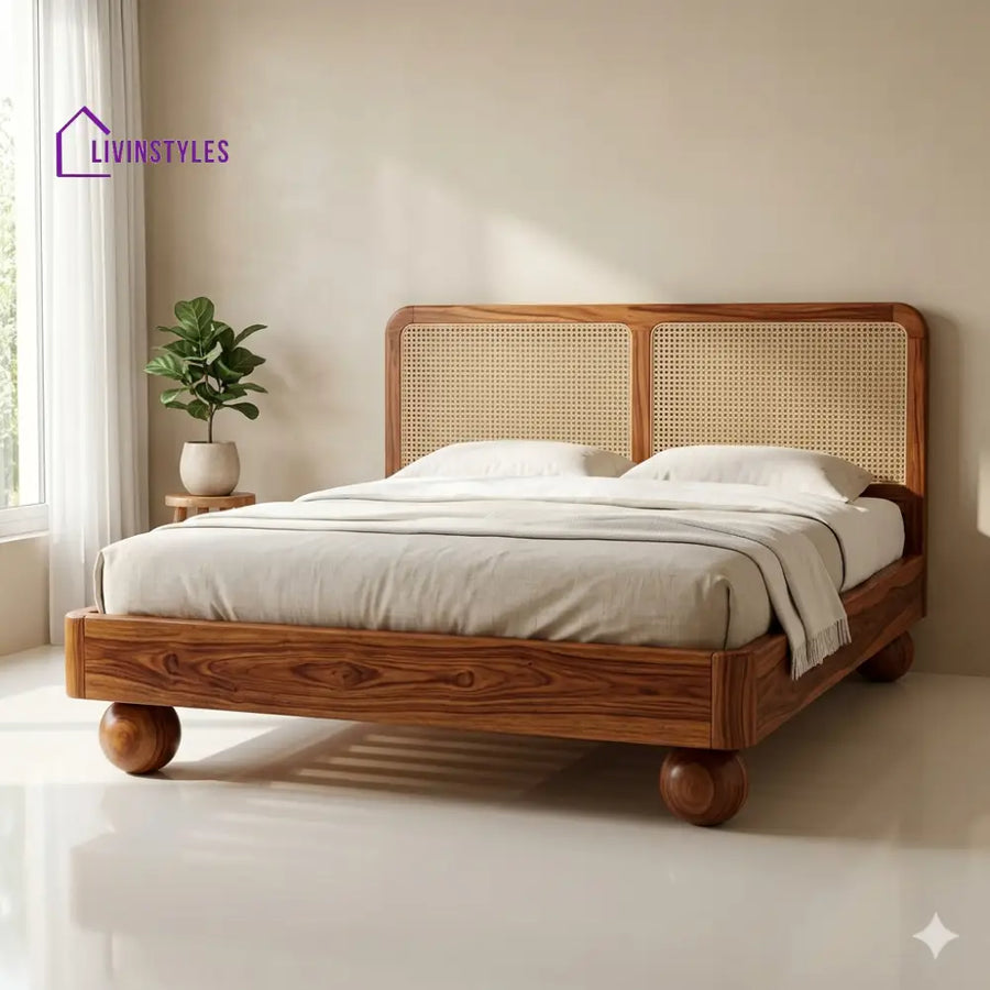 Kirill Sheesham Wood Bed with Ball Shaped Legs and Cane Weaving Headboard