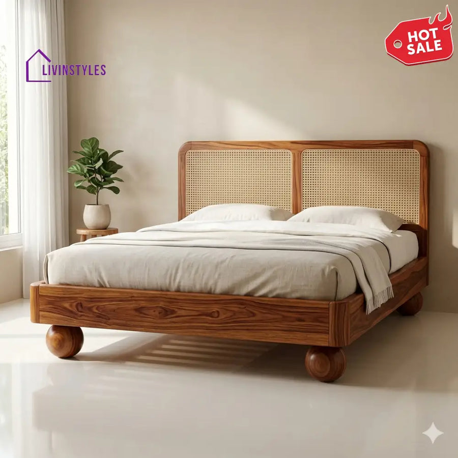 Kirill Sheesham Wood Bed with Ball Shaped Legs and Cane Weaving Headboard