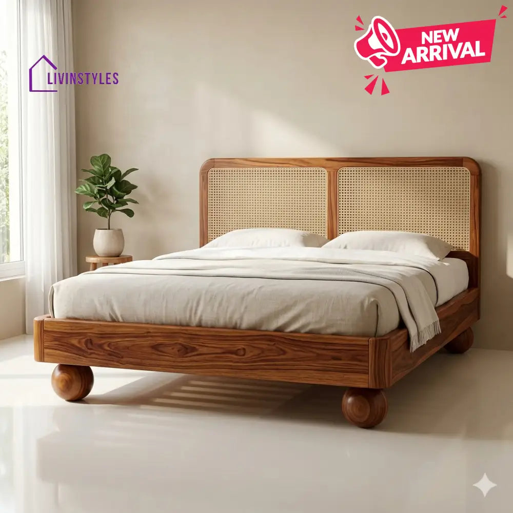 Kirill Sheesham Wood Bed with Ball Shaped Legs and Cane Weaving Headboard