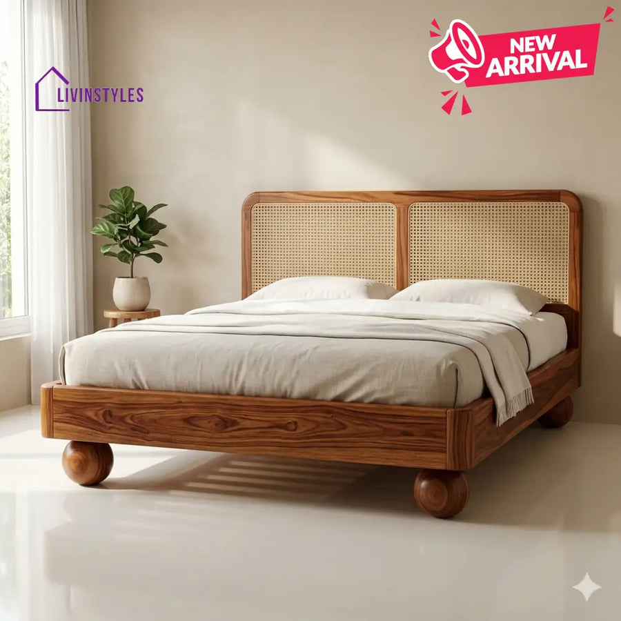 Kirill Sheesham Wood Bed with Ball Shaped Legs and Cane Weaving Headboard