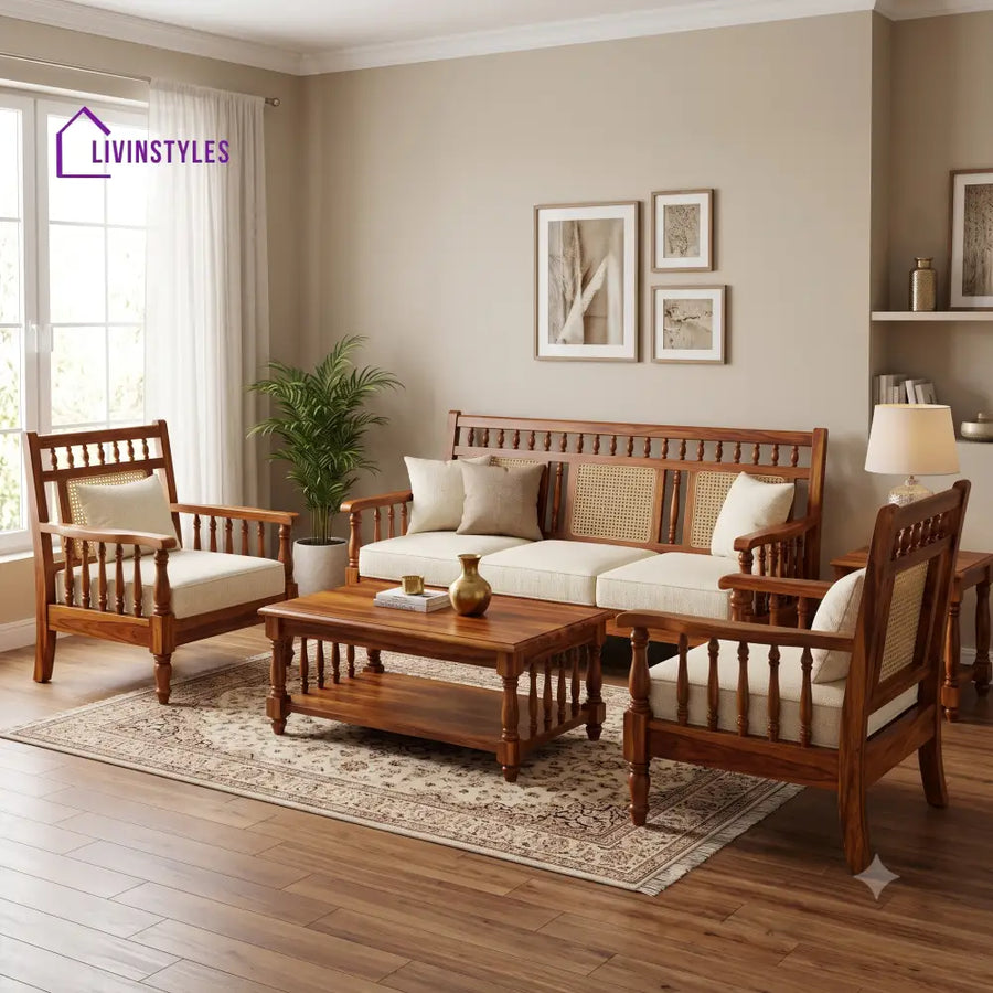 Kiruthika Wooden Sofa Set | 3 + 1 + 1 Sheesham Wood Sofa Set for Living Room