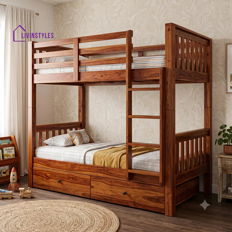 Kishore Sheesham Wood Bunk Bed With Storage | Kids Bed