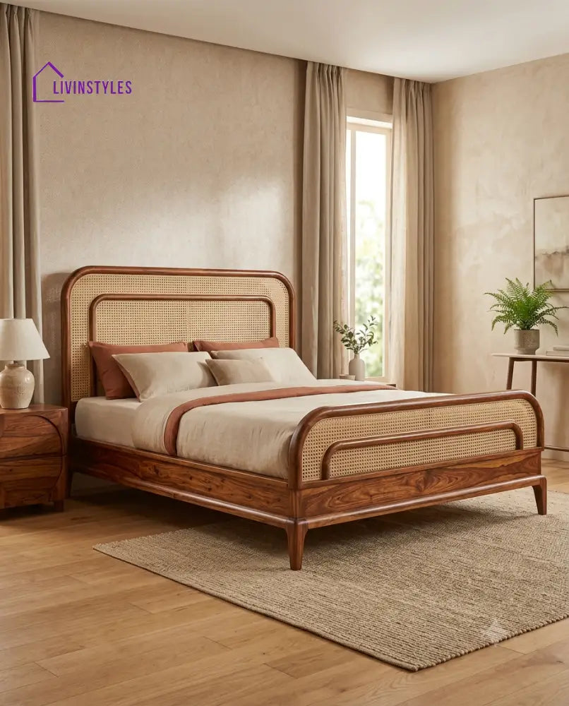 Kishore Wooden Bed with Cane Weaving Headboard Design | Bed without Storage