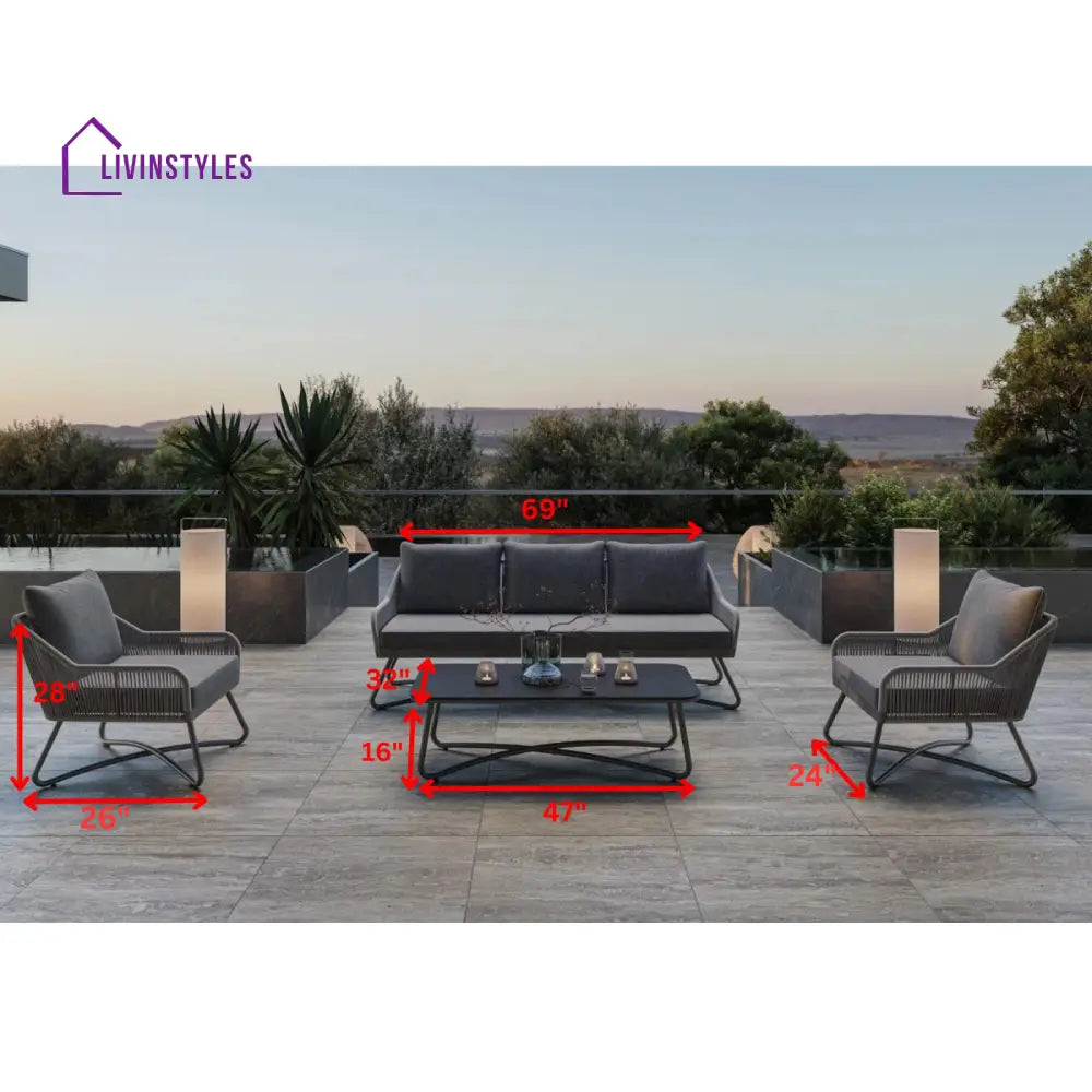 Kismet Outdoor Sofa Set 3 Seater 2 Single seater and 1 Center Table (Grey) Braided & Rope - Sofa Sets
