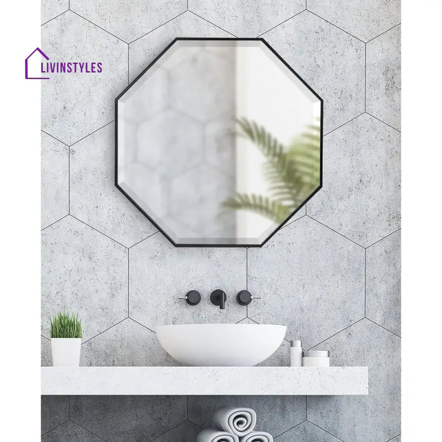 Kitty Minimalist Octagon Artistic Black Framed Metal Finish Bathroom Mirror Wall Mirror