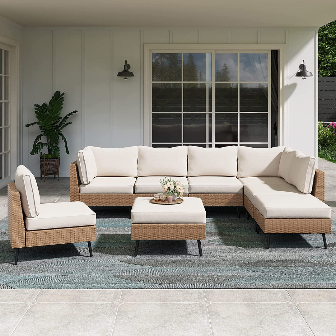 Ammar Outdoor Sofa Set 6 Seater and Single Seater with 2 Ottoman Set (Beige)
