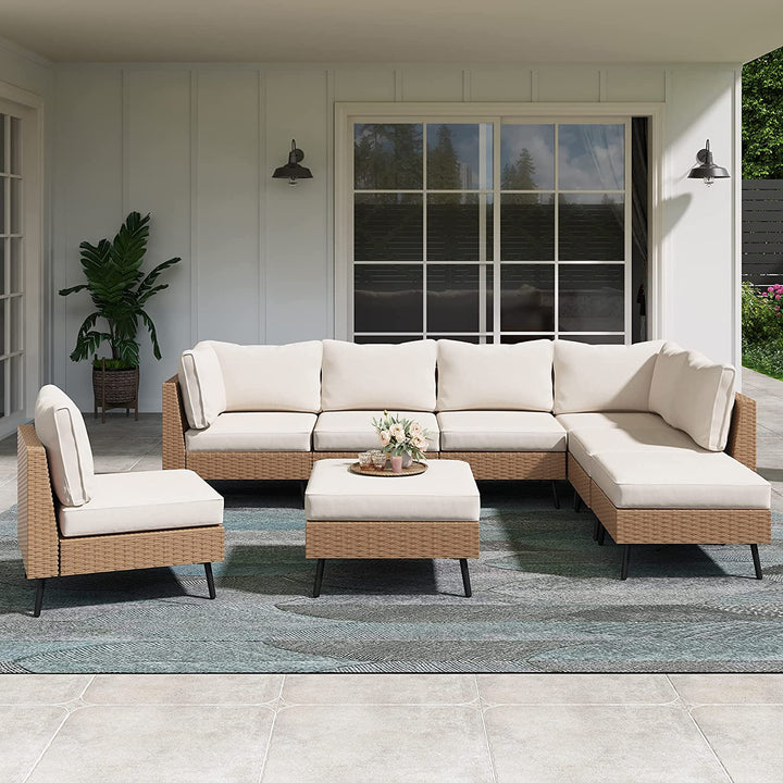 Ammar Outdoor Sofa Set 6 Seater and Single Seater with 2 Ottoman Set (Beige)