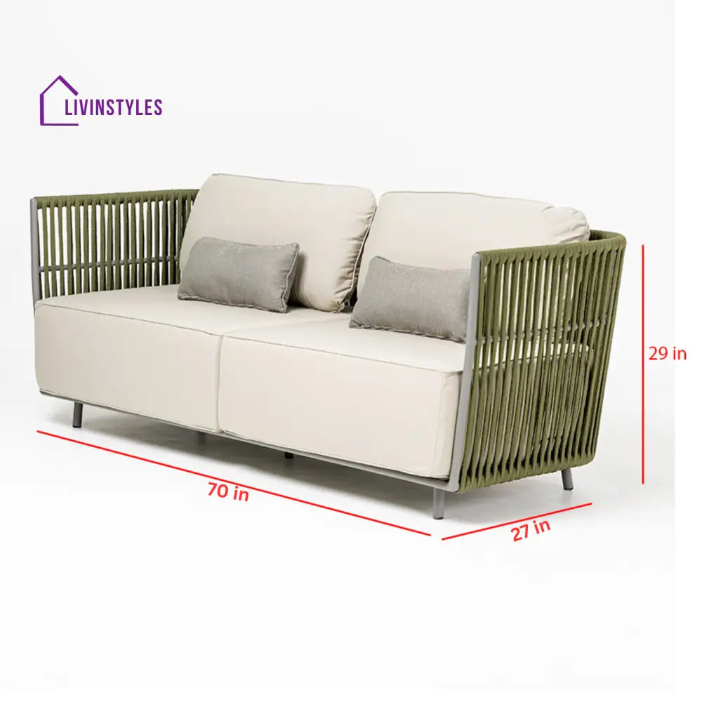 Klara Outdoor Garden Balcony Sofa Set 3 Seater,2 seater and Single Seater With 1 Table Set Braid & Rope (Green + Beige)
