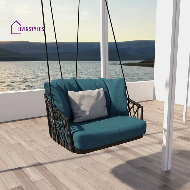 Klio Single Seater Hanging Swing Without Stand For Balcony Garden Swing (Black + Ocean) Braided & Rope - Swings