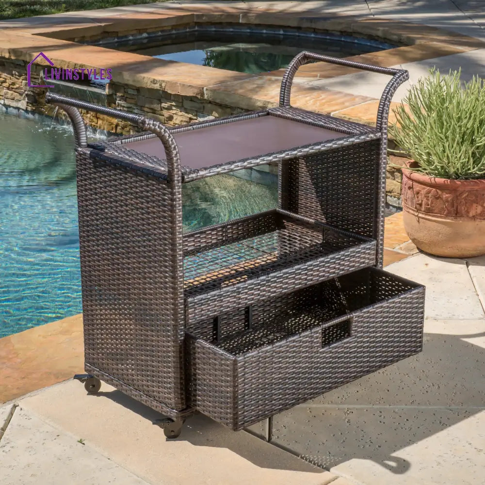 KNOX Outdoor Patio Bar Serving Cart (Dark Brown) - Wicker
