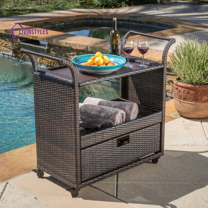 KNOX Outdoor Patio Bar Serving Cart (Dark Brown) - Wicker