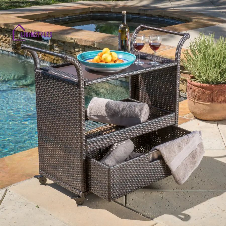 KNOX Outdoor Patio Bar Serving Cart (Dark Brown) - Wicker