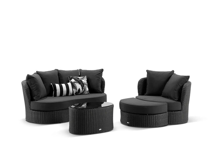 Comox Outdoor Garden Balcony Sofa Set 2 Seater, Single seater and 1 Center Table with Ottoman Set (Black)